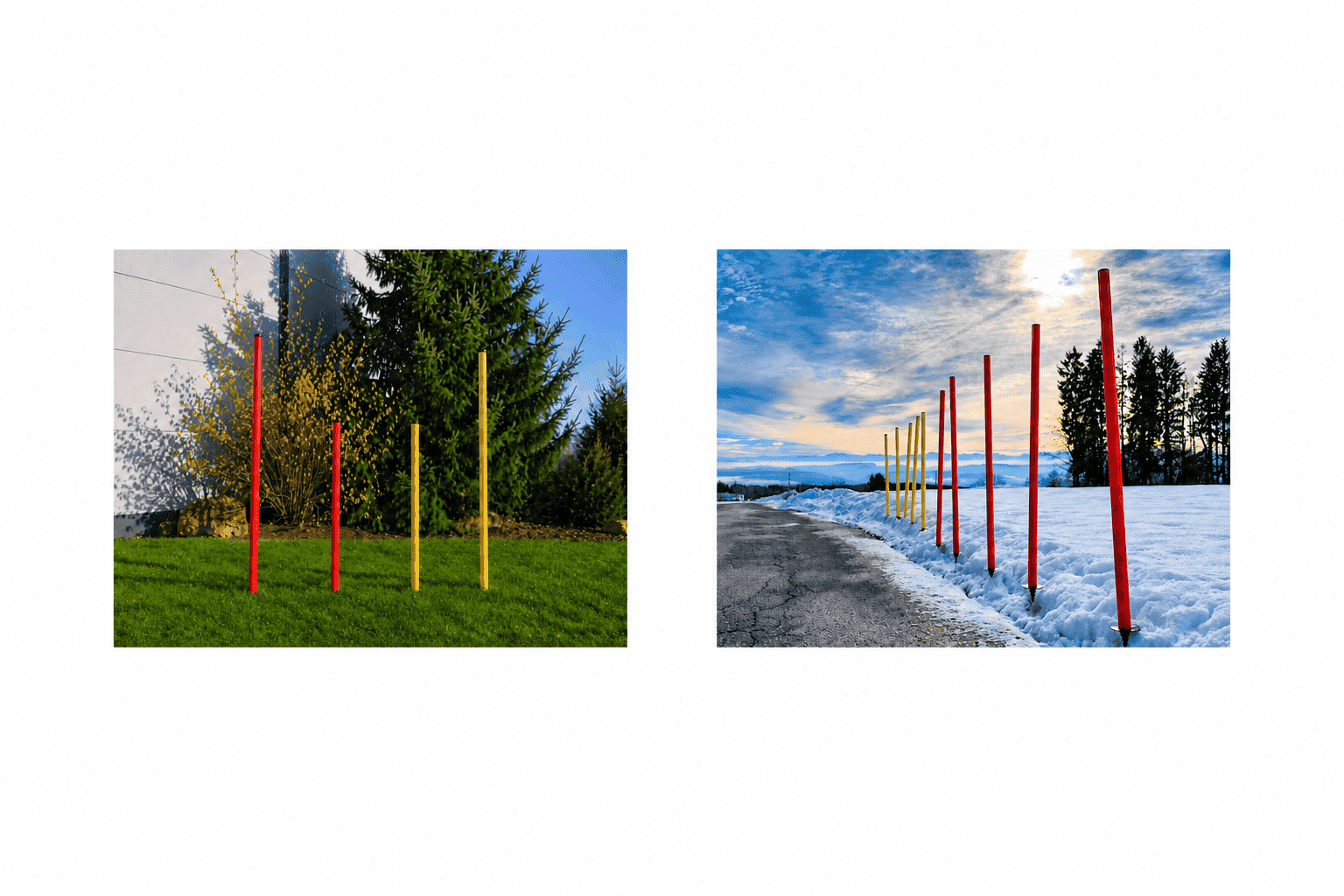 Zwei Anwendungsbilder von Kunststoff-Absperrpfosten mit Metall-Erdspieß. Links stehen rote und gelbe Absperrpfosten auf einer Rasenfläche vor Bäumen und Gebäudewand. Rechts markieren rote und gelbe Kunststoffpfosten als Schneeleitstangen den Straßenrand in einer verschneiten Winterlandschaft.