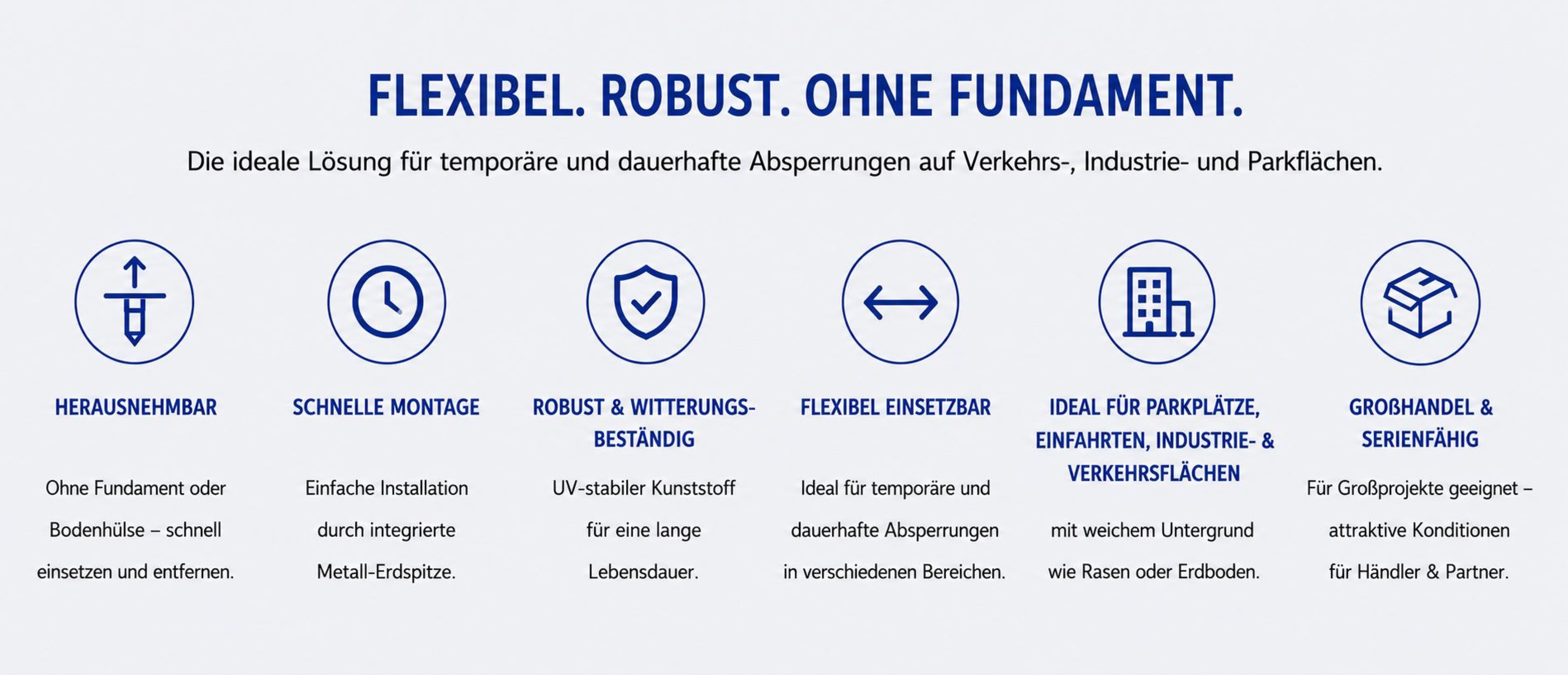Infografik zu Kunststoff-Absperrpfosten mit Metall-Erdspieß für temporäre und dauerhafte Absperrungen ohne Fundament. Hervorgehobene Vorteile: herausnehmbar, schnelle Montage, robust und witterungsbeständig, flexibel einsetzbar, ideal für Parkplätze, Einfahrten sowie Industrie- und Verkehrsflächen mit weichem Untergrund und für Großhandel & Serienfertigung geeignet