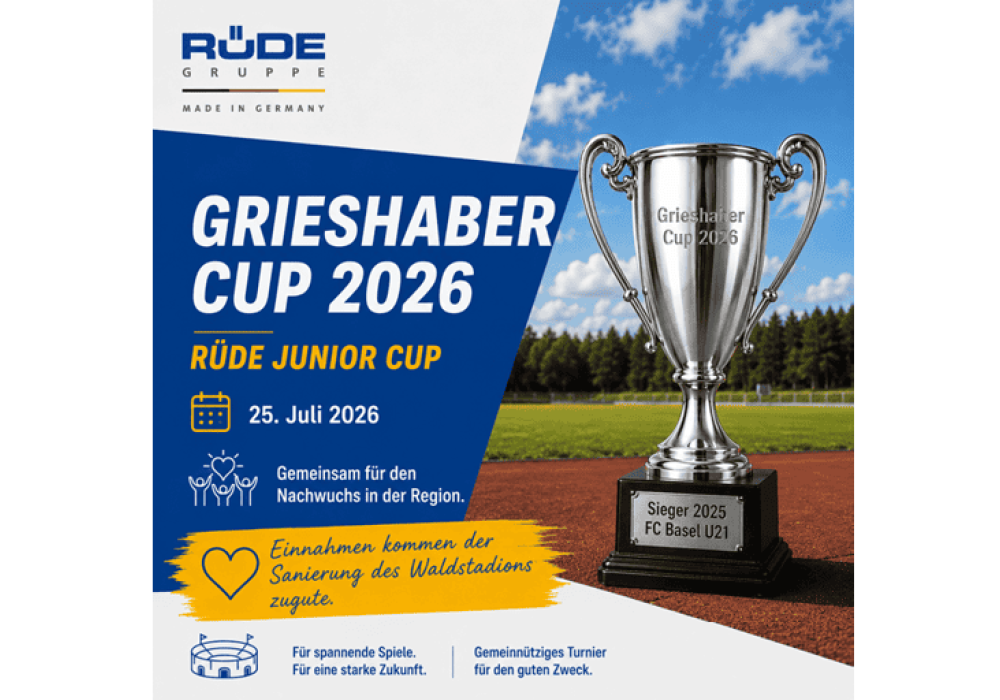 Ein Informationsflyer für den Grieshaber Cup. Ein großer Pokal ist zu sehen und der Hinweis, dass die Einnahmen in die Sanierung des Waldstadions fließen.