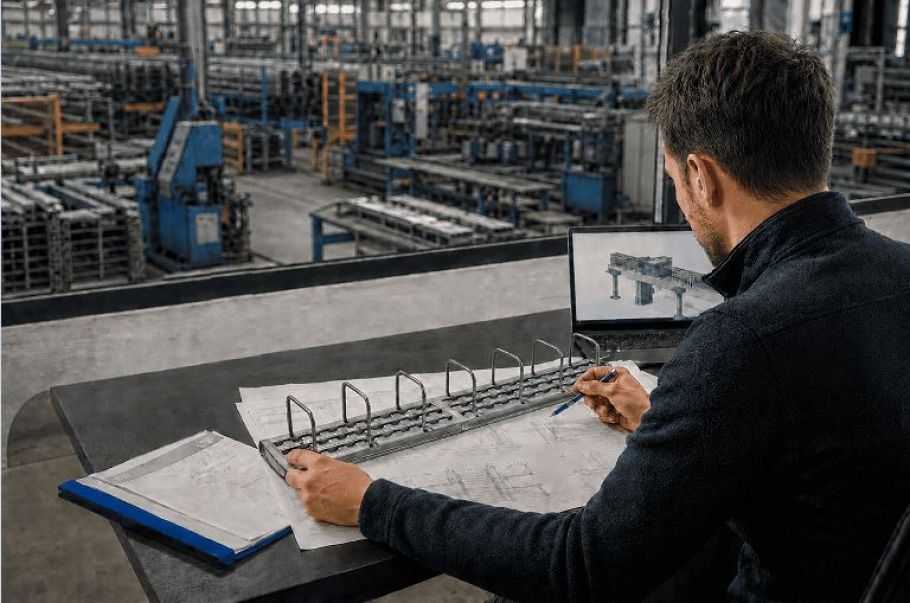 Bauingenieur sitzt am Schreibtisch vor ihm liegen  Konstruktionspläneund das Produkt Rübox-Z. Im Hintergrund ist eine Produktionshalle zu sehen. 