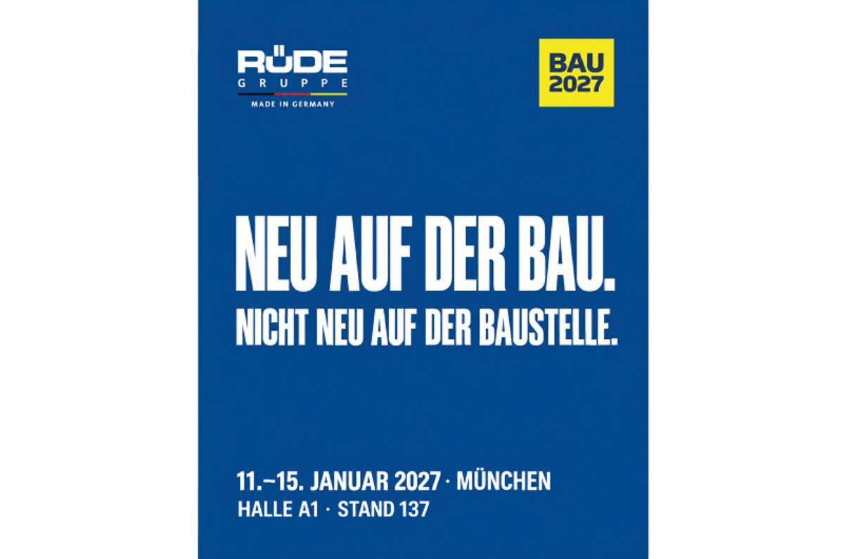 Logo der Firmengruppe und das der BAU Messe sowie Informationen wann und wo wir sind