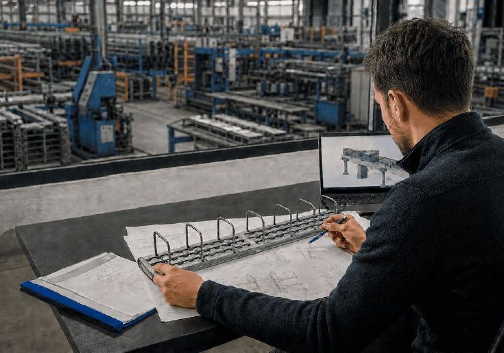 Bauingenieur sitzt am Schreibtisch vor ihm liegen Konstruktionspläneund das Produkt Rübox-Z. Im Hintergrund ist eine Produktionshalle zu sehen.