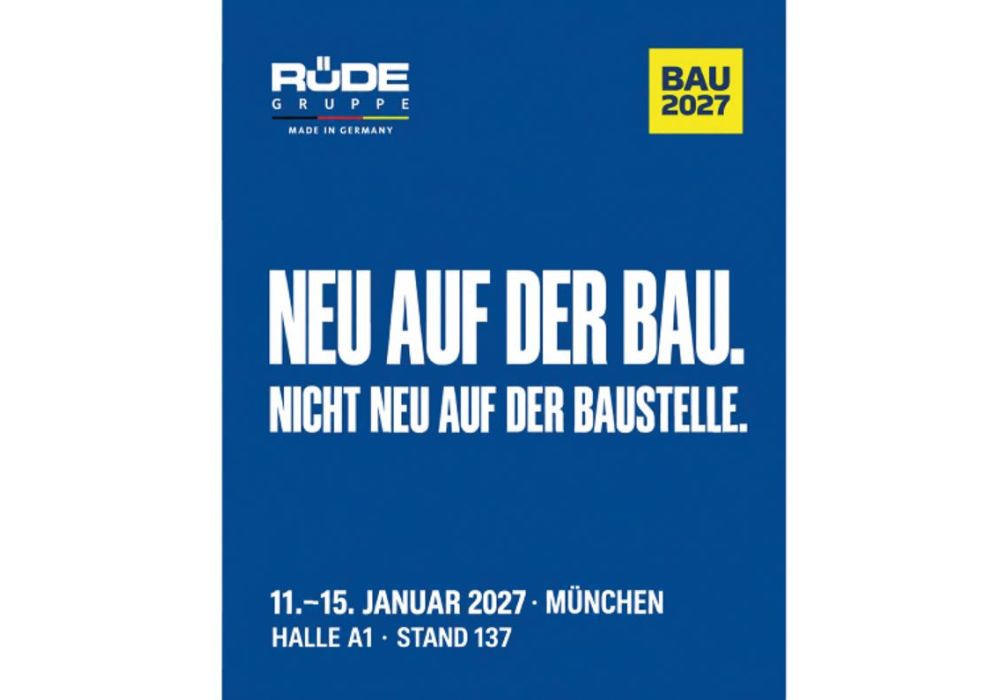 Logo der Firmengruppe und das der BAU Messe sowie Informationen wann und wo wir sind